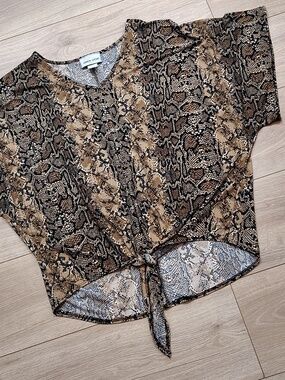 Snake Print Tie-Front Top in Brown and Black,  Plus Size 2X